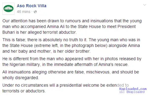 Man who followed rescued Chibok girl to the state house is her brother, not her abductor - Presidency clarifies